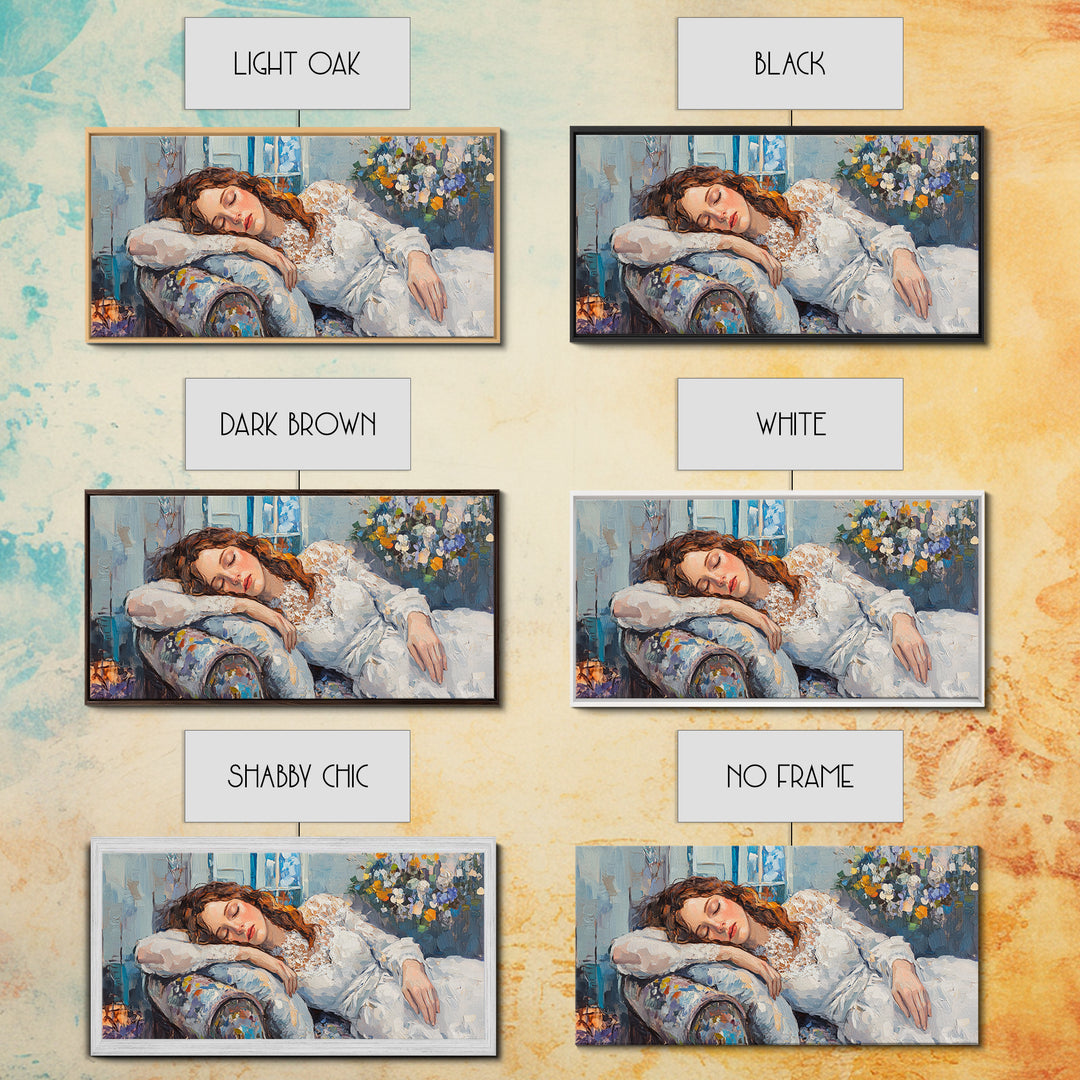 Decadent Young Woman Inspired Wall Art, Framed Canvas Print, Victorian Oil Painting Of a Woman Taking a Nap, Cute Bedroom Decor