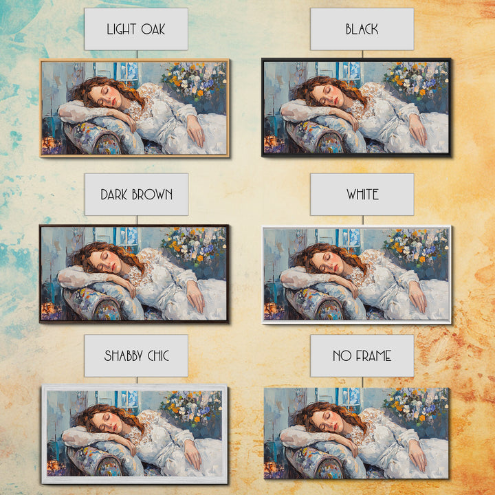 Decadent Young Woman Inspired Wall Art, Framed Canvas Print, Victorian Oil Painting Of a Woman Taking a Nap, Cute Bedroom Decor