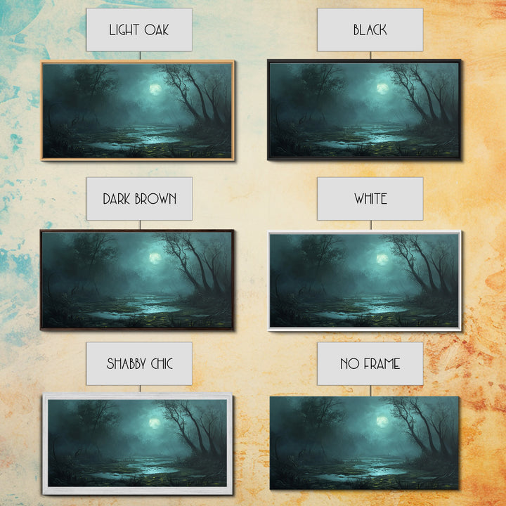 Dark and Moody Wall Art Framed Canvas Print, Oil Painting of a Swamp, Moody Landscape Wall Art