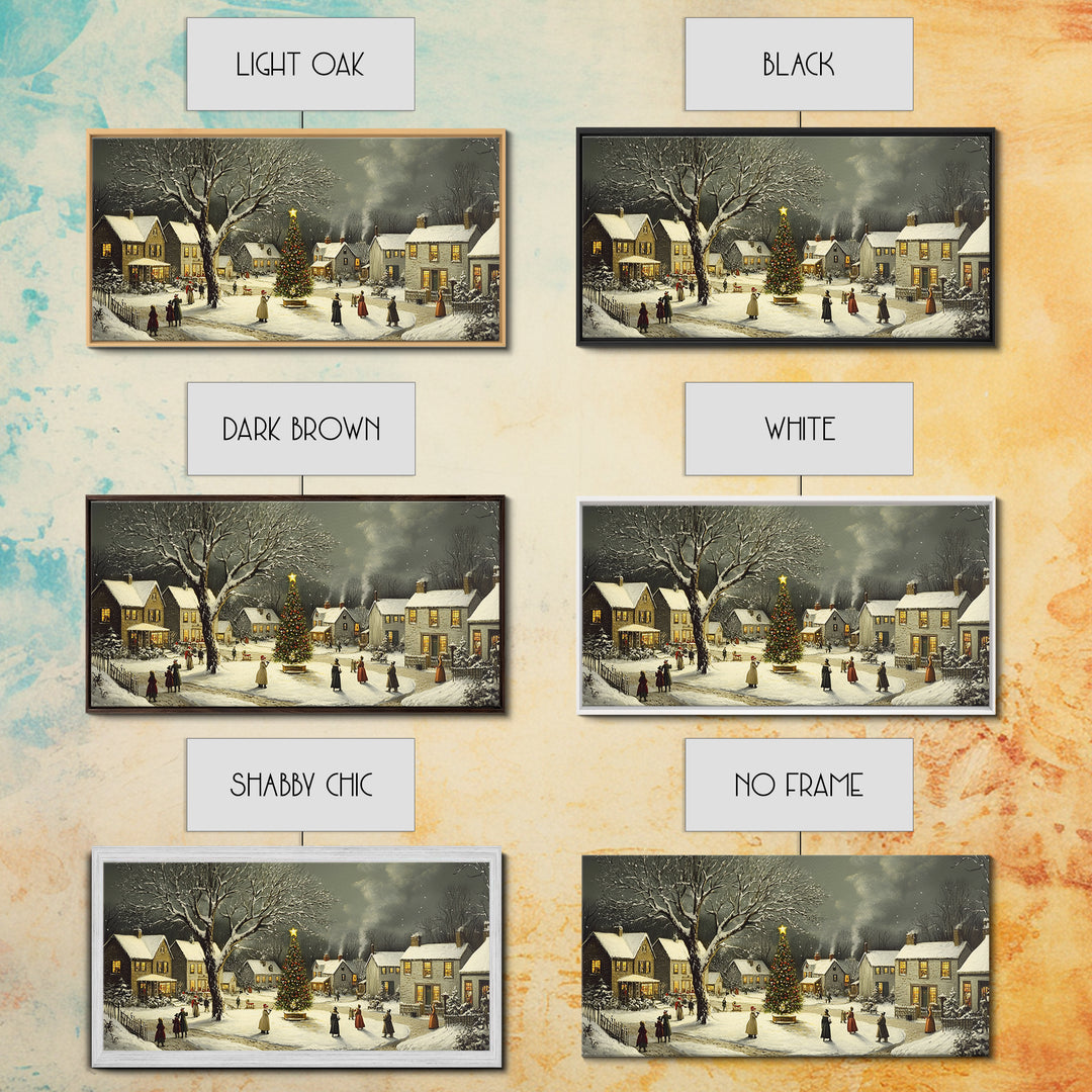 Bustling Christmas Street Scene Oil Painting Canvas Print, Snowy Holiday Night, Festive Victorian Christmas Village Oil Painting, Christmas Decor