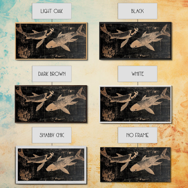 Black and White Koi Fish Oil Painting Print, Elegant Japanese Style Wood Block Print Artwork, Canvas Print Ready To Hang, Centerpiece Art