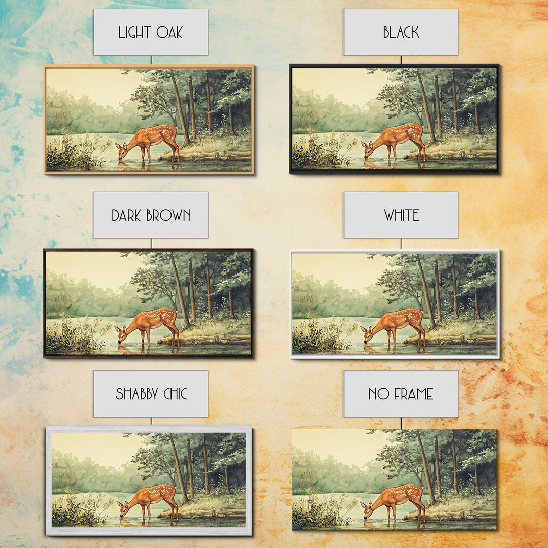 Deer Drinking Water in Forest Painting Print, Deer Painting, Cabin Decor, Cabin Wall Art, Framed Canvas Print, Nature Lover Gift, Nature Art