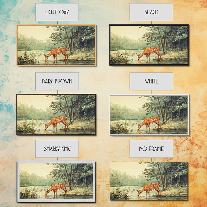 Deer Drinking Water in Forest Painting Print, Deer Painting, Cabin Decor, Cabin Wall Art, Framed Canvas Print, Nature Lover Gift, Nature Art