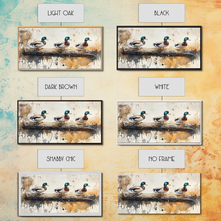 Rustic Duck Painting Canvas Print, 3 Ducks On A Log, Framed Canvas Nature Painting, Landscape Painting, Nature Art, Meadow Painting Cabin Art
