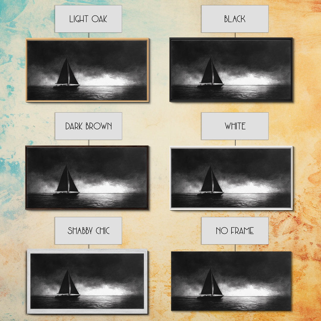 Black and White Sketch Print of a Sailboat In a Storm, Framed Canvas Print, Nautical Wall Art, Nautical Home Decor