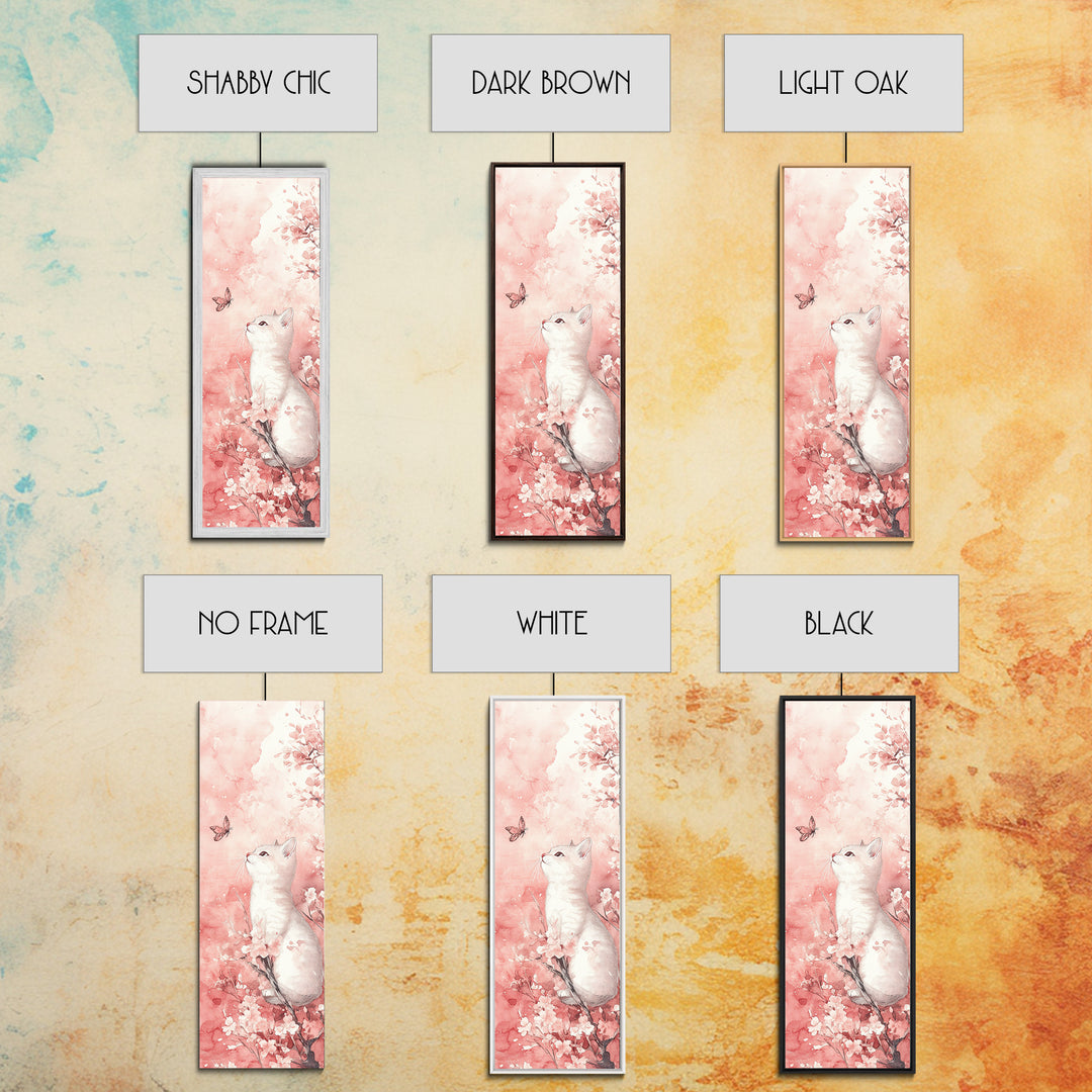 White Cat and Butterfly Canvas Print Light Pink Wall Art Cherry Blossom Painting Whimsical Art Bedroom Decor Gift Idea