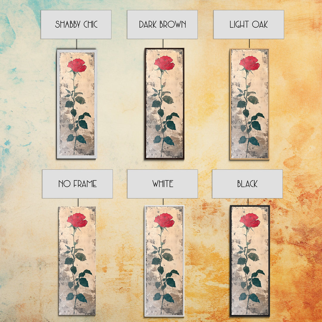 Red Rose Art Print Canvas Print, Japanese Inspired Rose Painting, Long Narrow Wall Art, Tall Skinny Art, Framed Canvas Print, Boho Wall Art