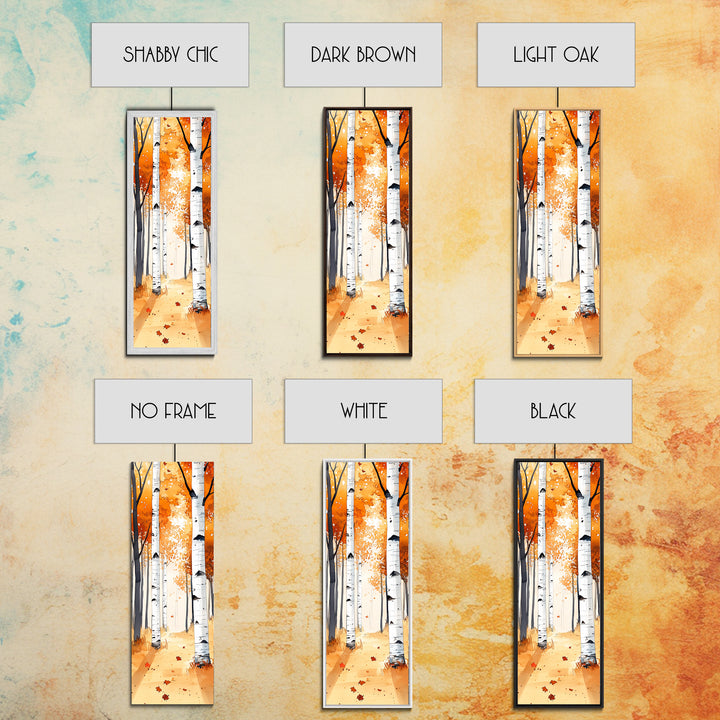 Autumn Birch Trees Framed Canvas Print – Rustic Decor, Tall Narrow Art, Cozy Fall Vibes, Birch Tree Art, Living Room Art, Above Bed Wall Art