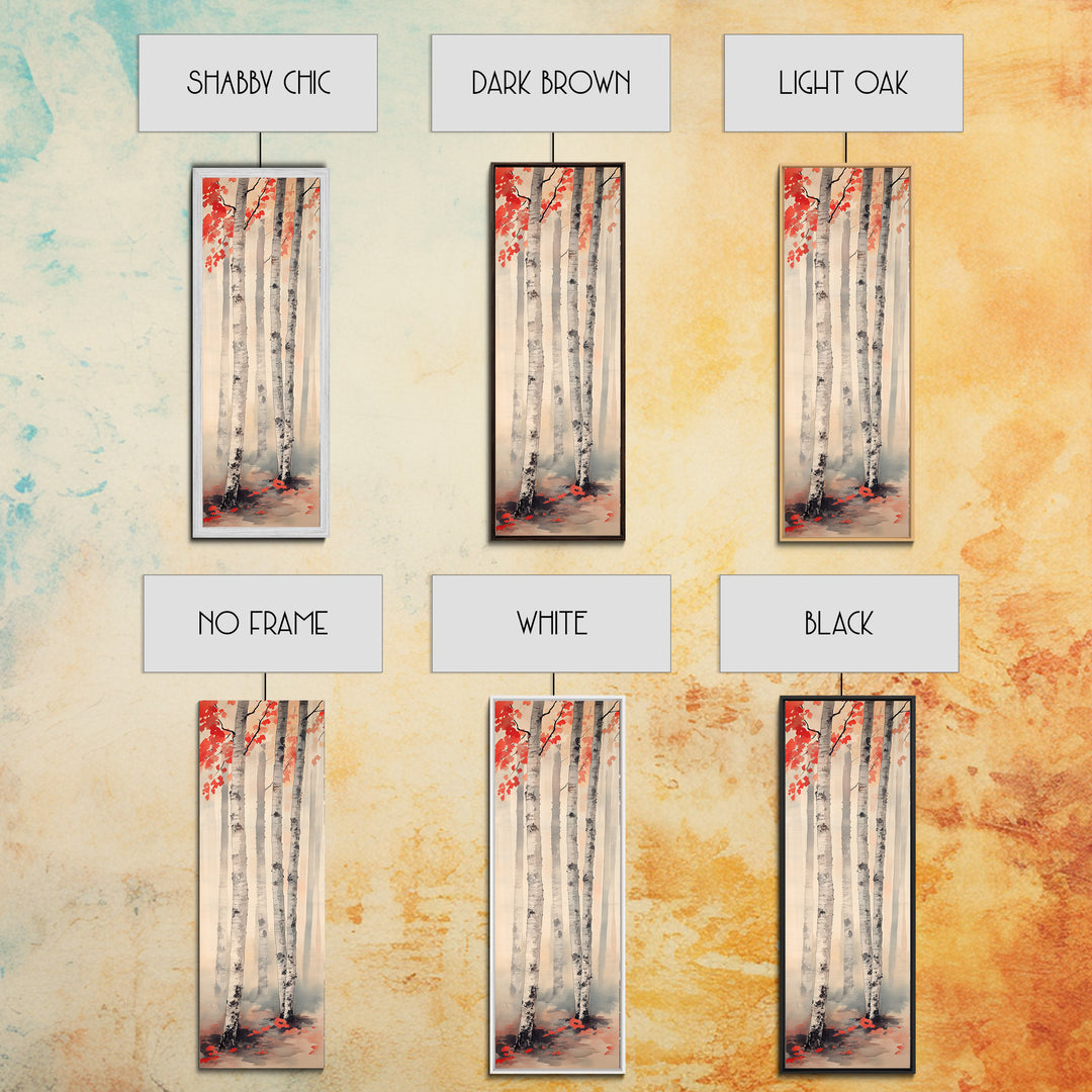 Birch Trees and Red Leaves Framed Canvas Print – Fall Vibes, Rustic Wall Art, Birch Tree Art, Cozy Autumn Theme, Living Room Art, Above Couch Decor