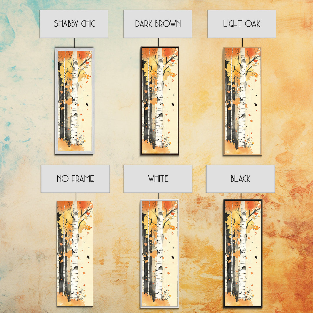 Autumn Forest Path Framed Canvas Print – Cozy Fall Art, Rustic Wall Art, Birch Tree Painting, Skinny Wall Art, Bedroom Wall Art, Autumn Decor