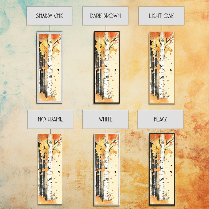 Autumn Forest Path Framed Canvas Print – Cozy Fall Art, Rustic Wall Art, Birch Tree Painting, Skinny Wall Art, Bedroom Wall Art, Autumn Decor