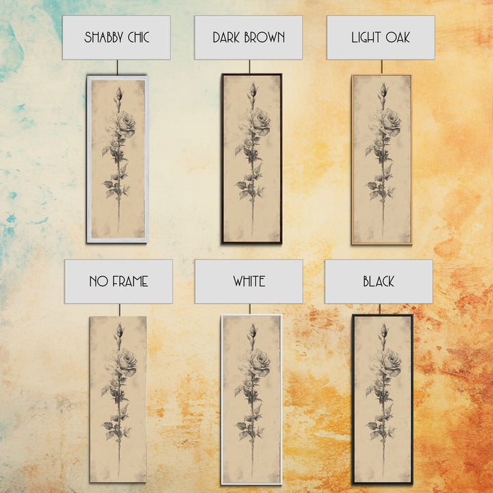 Black and White Sketch of a Rose, Framed Canvas Print, Narrow Art, Tall Skinny Art, Flower Painting, Paint of a Rose, Floral Prints