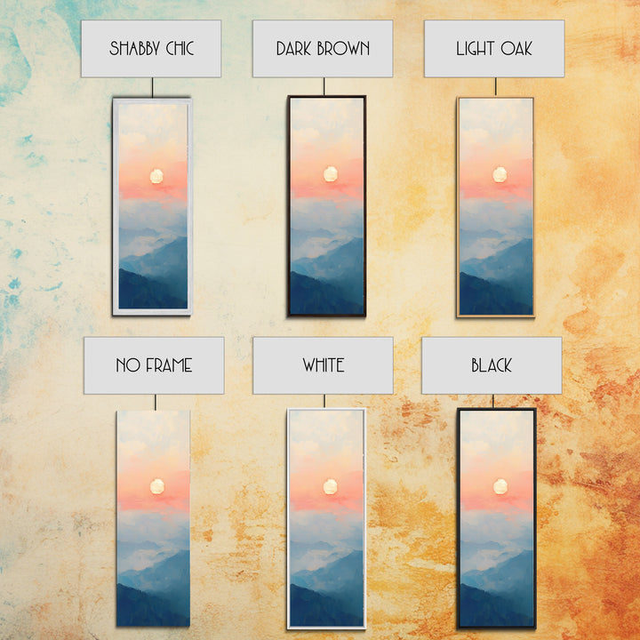 Wabi Sabi Sunset Oil Painting Print, Framed Canvas, Coastal Decor, Sunrise Over The Mountains, Boho Style Wall Art, Tall Narrow Wall Art