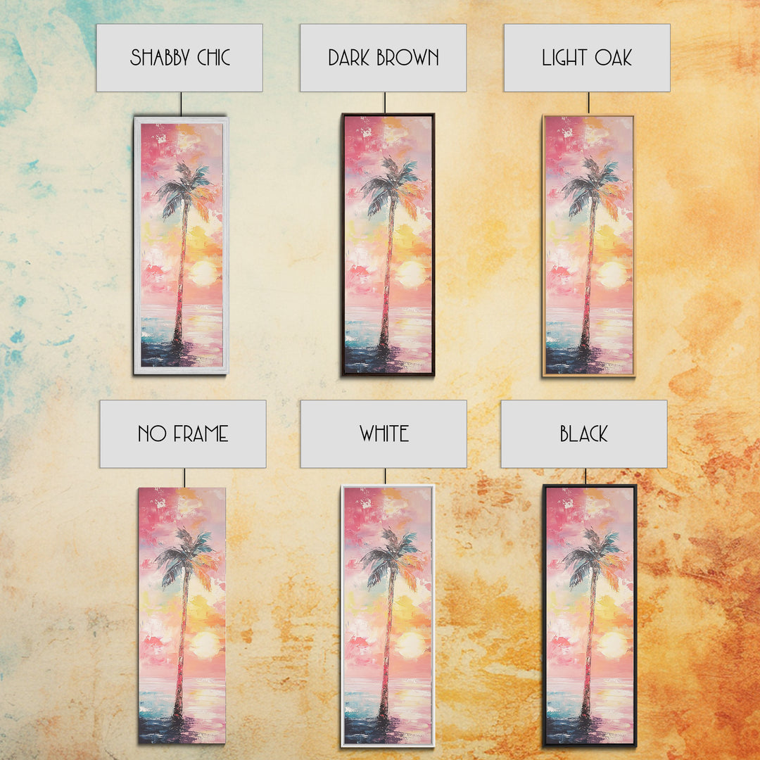 Palm Tree at Sunset Framed Canvas Print, Coastal Oil Painting, Coastal Decor, Tall Narrow Art, Accent Piece Wall Art, Coastal Landscape Art