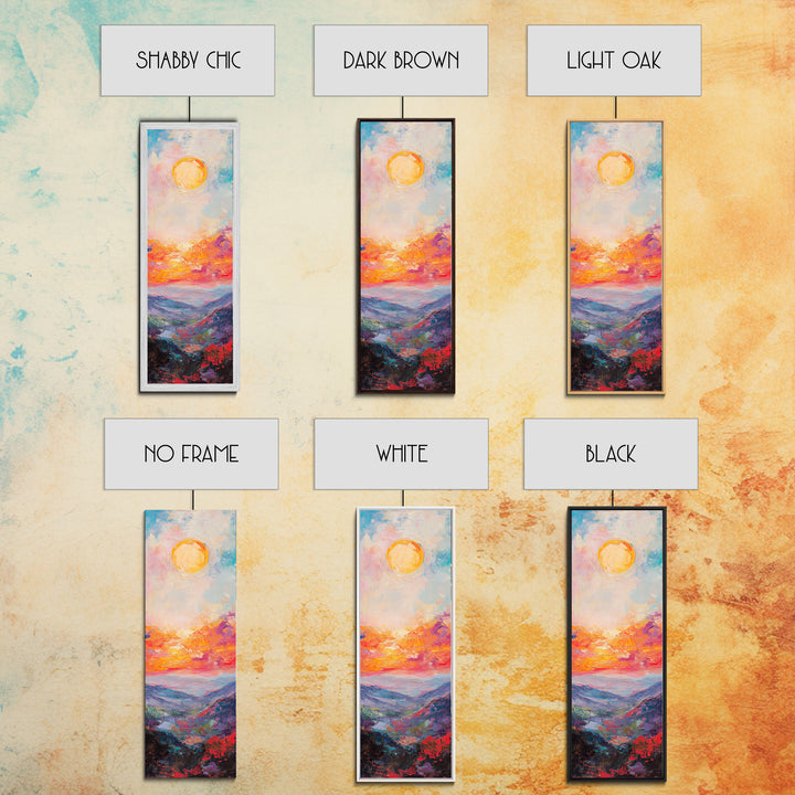 Abstract Oil Painting Print of a Sunset Over The mountains - framed canvas - ready to hang - tall narrow wall art - skinny accent piece wall art