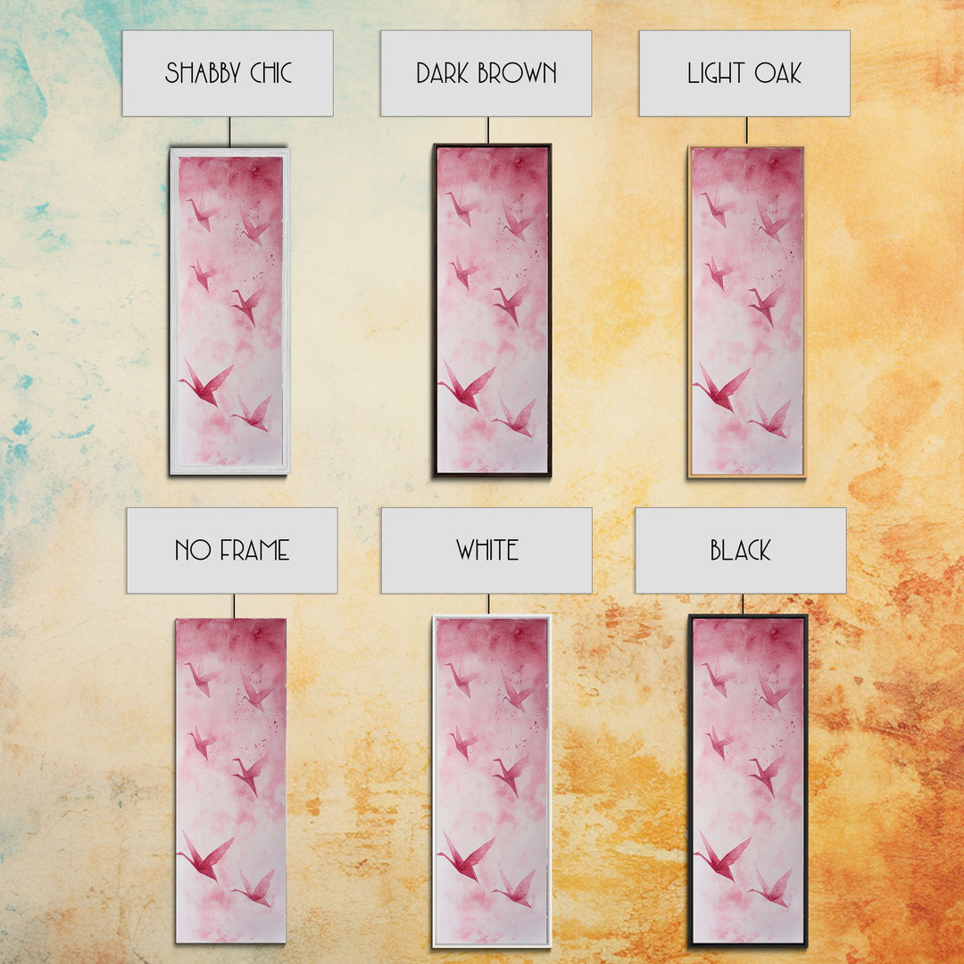 Crane Flight Canvas Print, ethereal origami bird painting in pink abstract hues, tall narrow wall art with zen minimalist aesthetic.