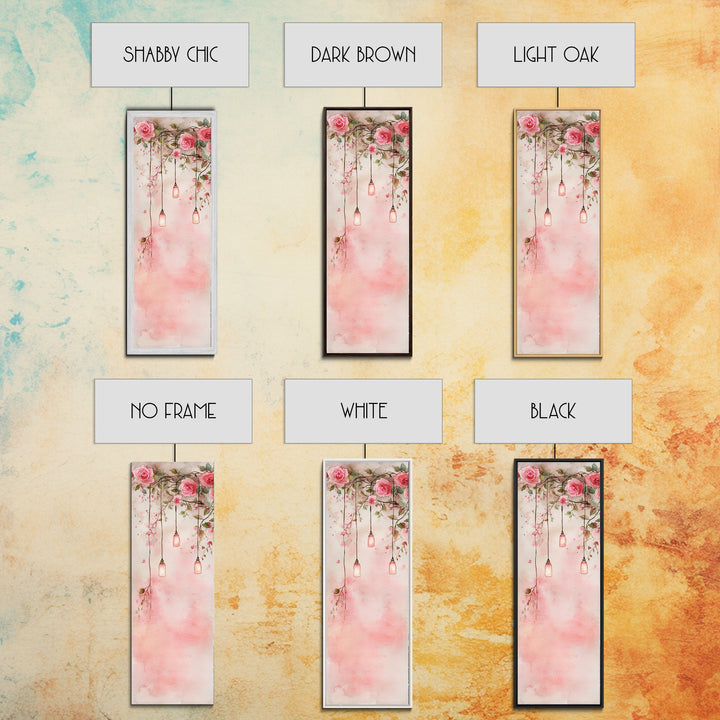 Rose Lantern Canvas Print, romantic floral and hanging lanterns painting with soft pink tones, whimsical boho wall art for bedroom decor.