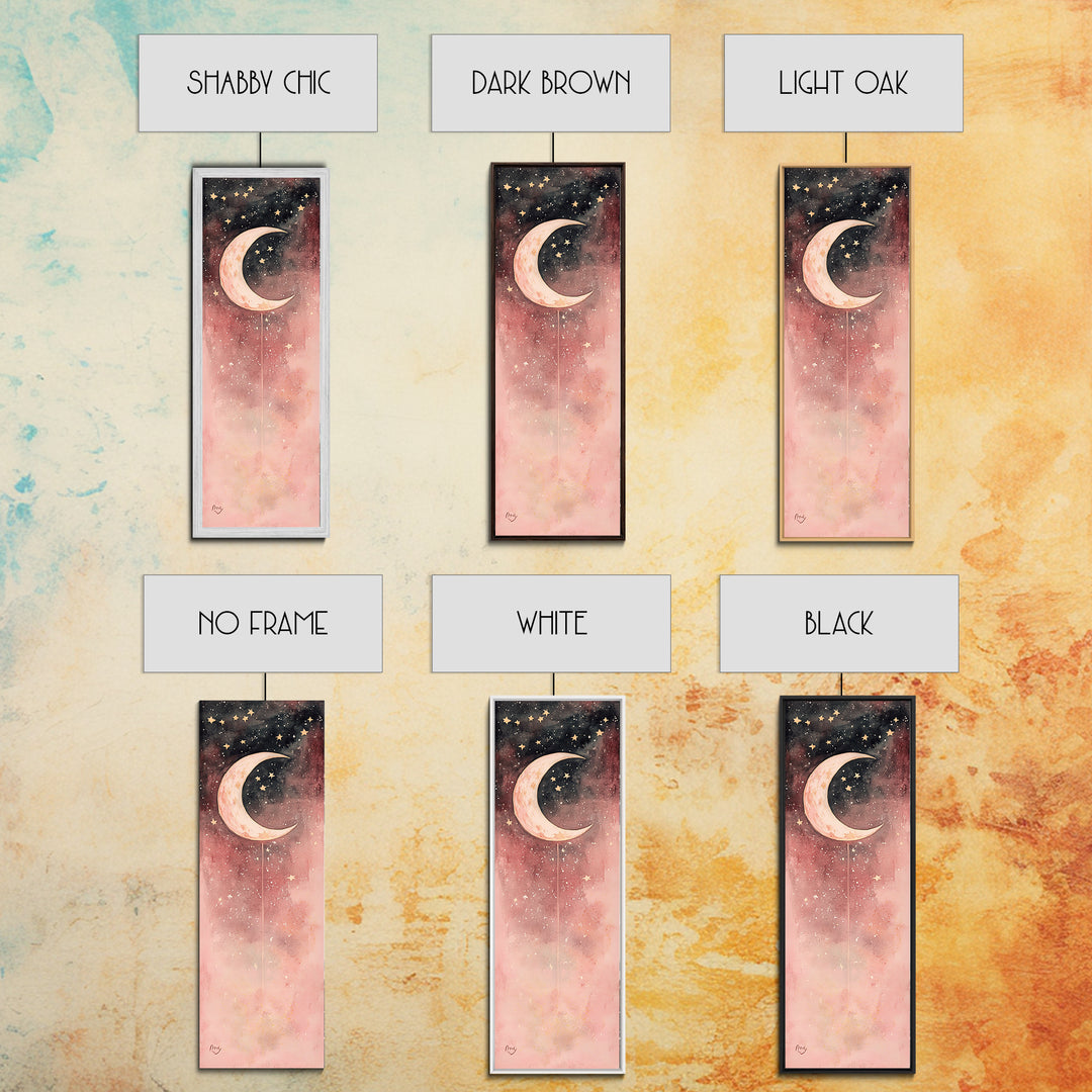 Crescent Moon Canvas Print Starry Night Pink Abstract Vertical Wall Art Zen Room Decor Dreamy Boho Gift Idea