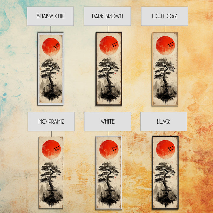 Bold Red Sun Pine Tree Framed Canvas Print Japanese Inspired Minimalist Wall Art Rustic Zen Decor Unique Vertical Nature Artwork