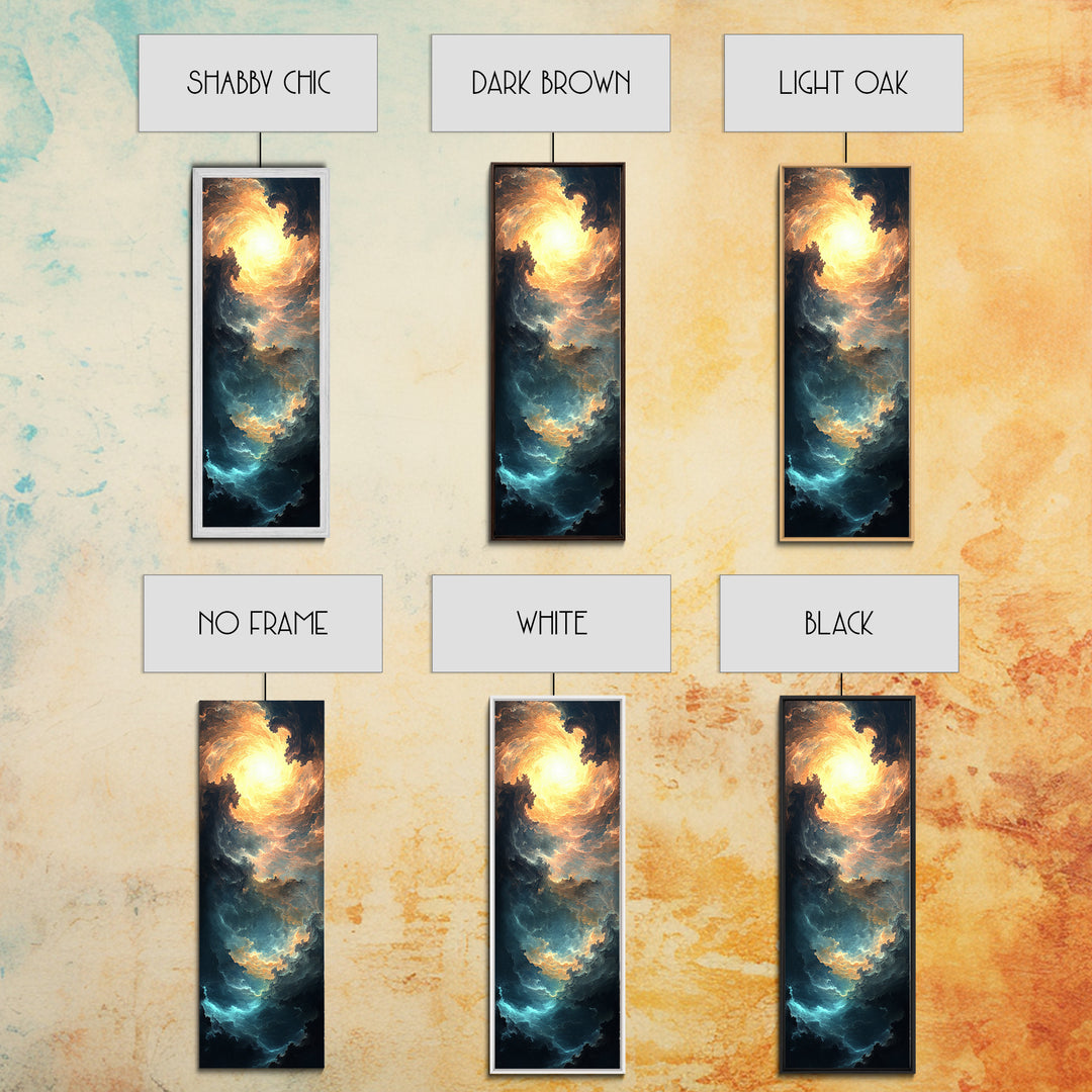 Celestial Abstract Landscape Framed Canvas Print Moody Horizontal Wall Art Blue and Gold Living Room or Bedroom Decor