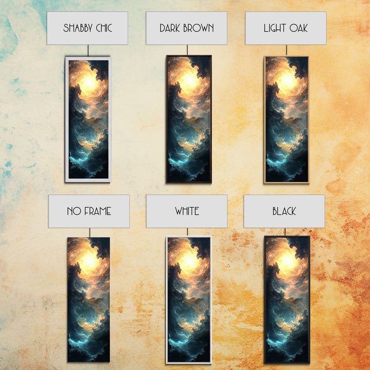 Celestial Abstract Landscape Framed Canvas Print Moody Horizontal Wall Art Blue and Gold Living Room or Bedroom Decor