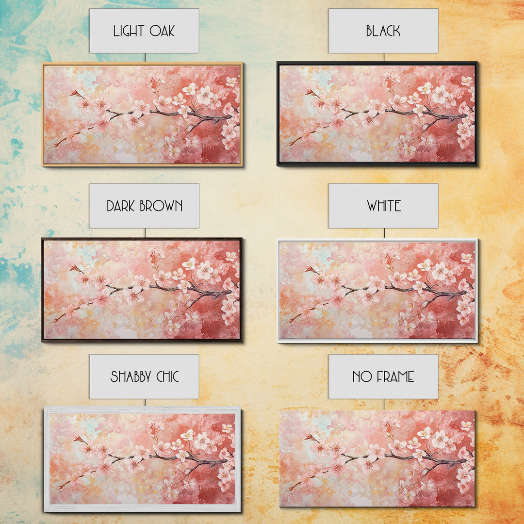 Cherry Blossom Painting Framed Canvas Print, Light Pink Wall Art Living Room Decor, Horizontal Wall Art Rustic Art Gift Idea for Her