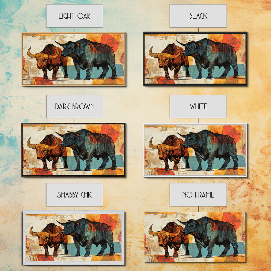 Abstract Bull Duo Framed Canvas Print Rustic Wall Art Geometric Bull Art Living Room Decor Bull and Bear Art Rustic Farmhouse Art