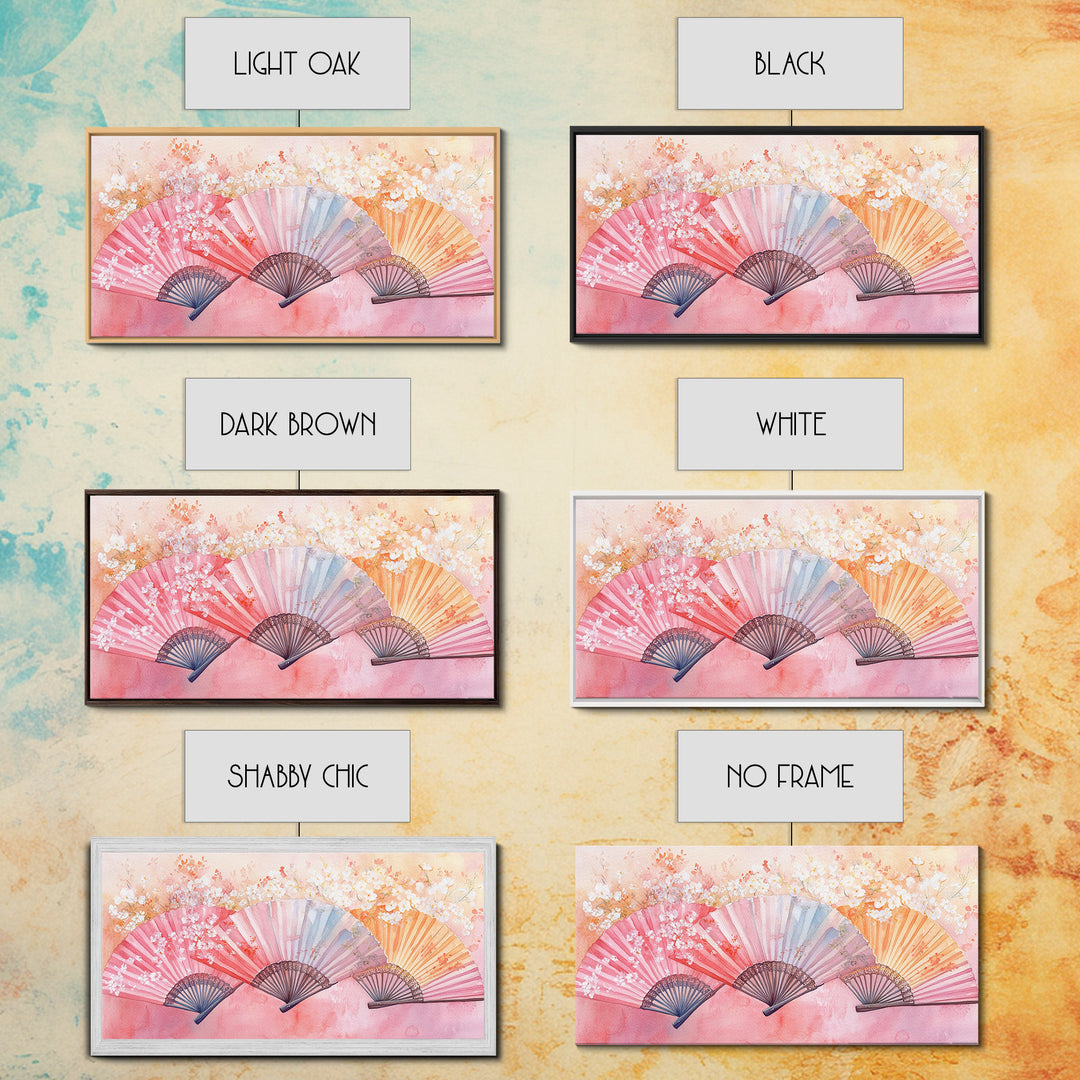 Cherry Blossom Fan Canvas Print Japanese Inspired Art Framed Pink Orange Wall Art Long Narrow Skinny Bedroom Rustic Spring Decor