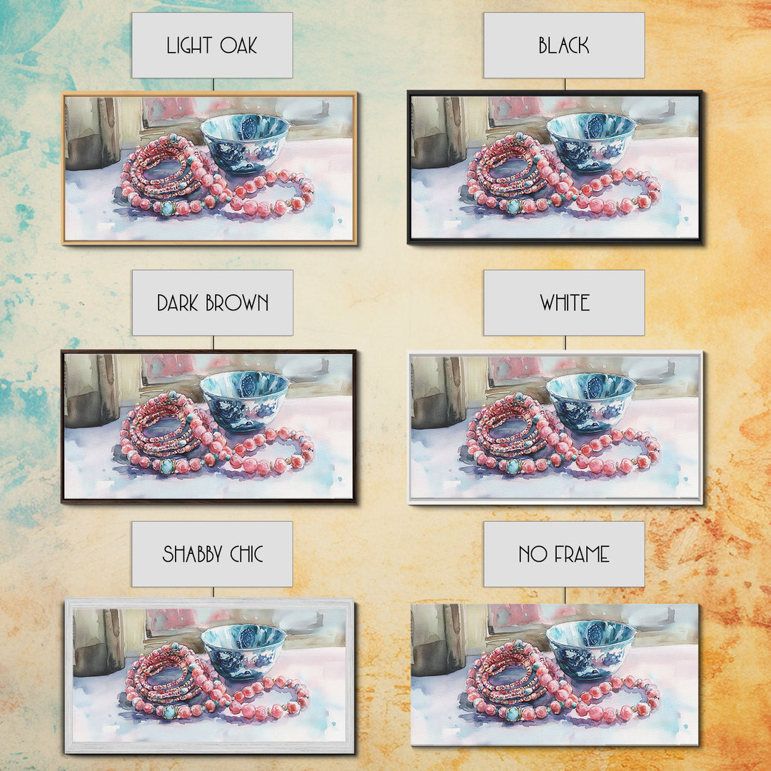 Beaded Necklace Canvas Print | Whimsical Boho Jewelry Wall Art | Pink and Blue Pastel Artwork | Feminine Room Decor | Gift Idea for Her