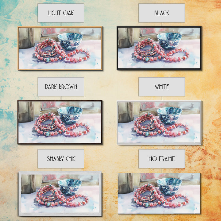 Beaded Necklace Canvas Print | Whimsical Boho Jewelry Wall Art | Pink and Blue Pastel Artwork | Feminine Room Decor | Gift Idea for Her