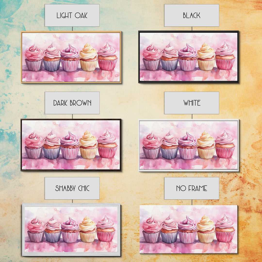 Cupcake Row Canvas Print | Whimsical Sweet Treats Wall Art | Kitchen Dessert Artwork | Pastel Food Lover's Decor | Light Pink Whimsical Art