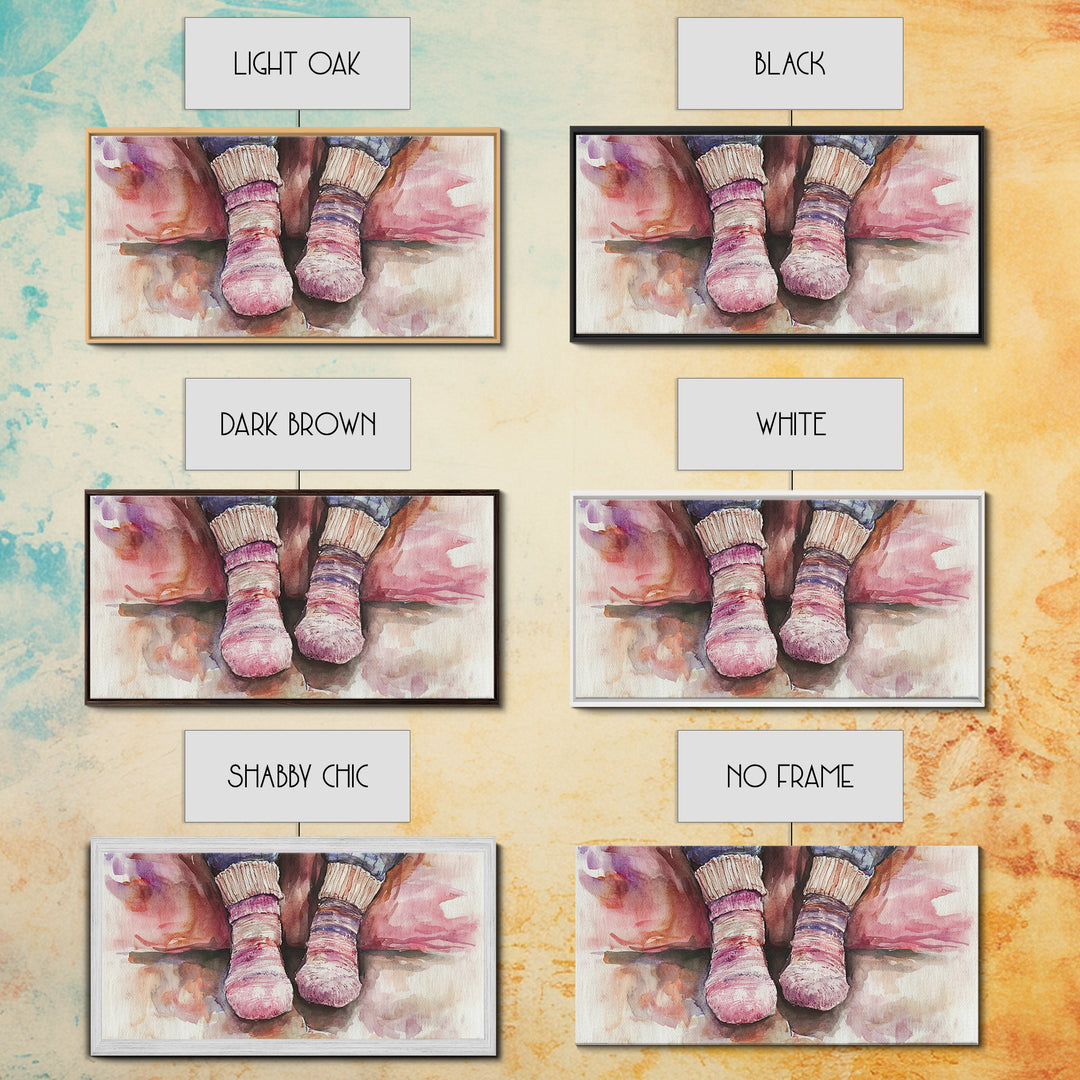 Cozy Socks Canvas Print, Rustic Light Pink and Warm Toned Painting, Whimsical Art as Fall Decor for Bedroom or Lounge Area