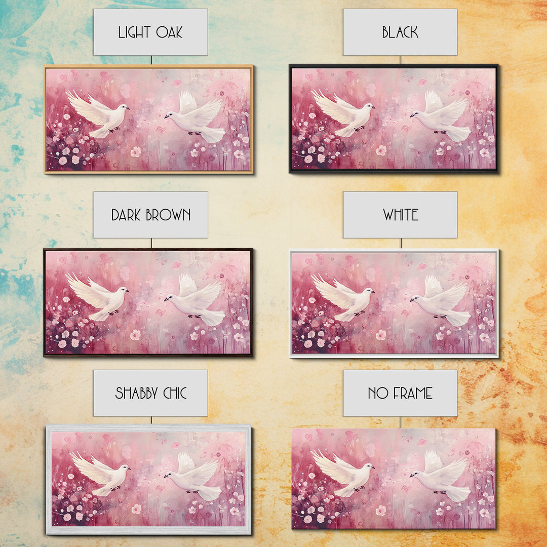 Romantic Doves Framed Canvas Print, Whimsical Pink and White Wall Art, Cherry Blossom Painting, Bedroom or Living Room Gift Idea