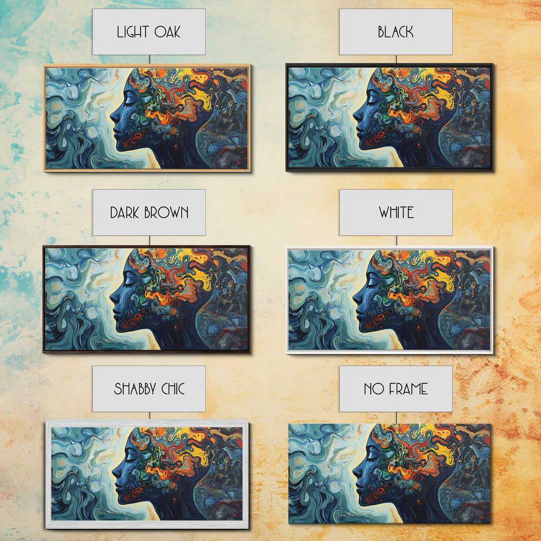 Abstract Woman Mind Framed Canvas Print - Artistic Brain Art Therapy Decor - Blue and Green Geometric Wall Art Minimalist Style