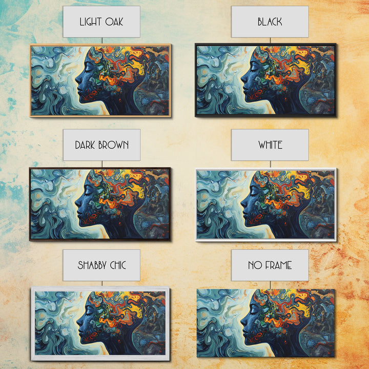 Abstract Woman Mind Framed Canvas Print - Artistic Brain Art Therapy Decor - Blue and Green Geometric Wall Art Minimalist Style