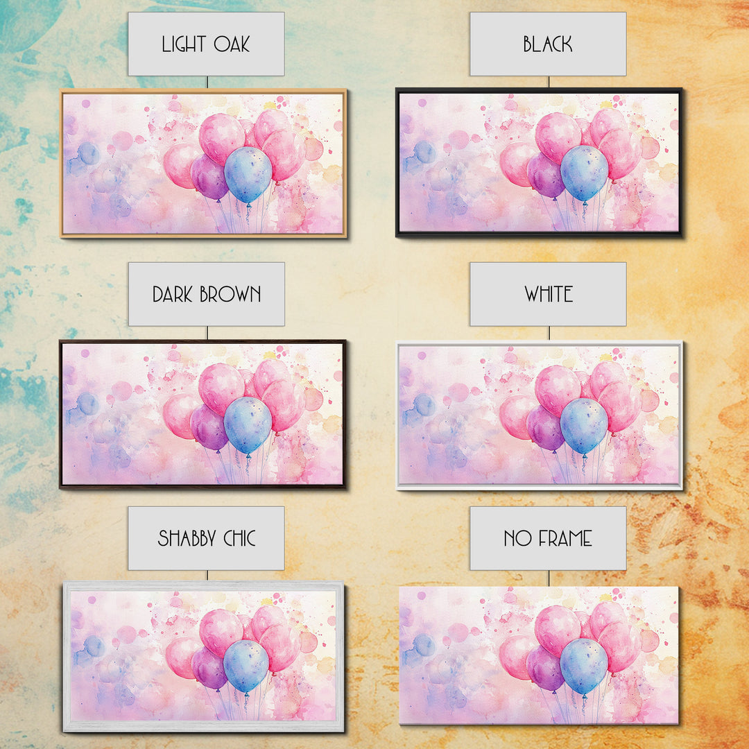 Balloon Cluster Canvas Print | Whimsical Art, Light Pink and Blue Wall Art, Birthday Decor, Pastel Wall Art, Playroom Art, Living Room Decor