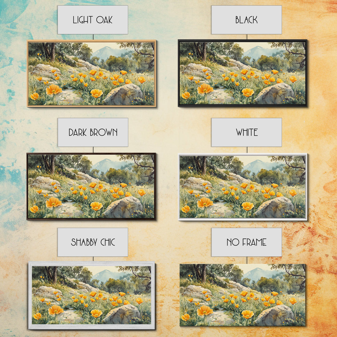 California Poppy Art Landscape Framed Canvas Print Wildflower Wall Art Rustic Decor Above Sofa Living Room Art Gift Idea