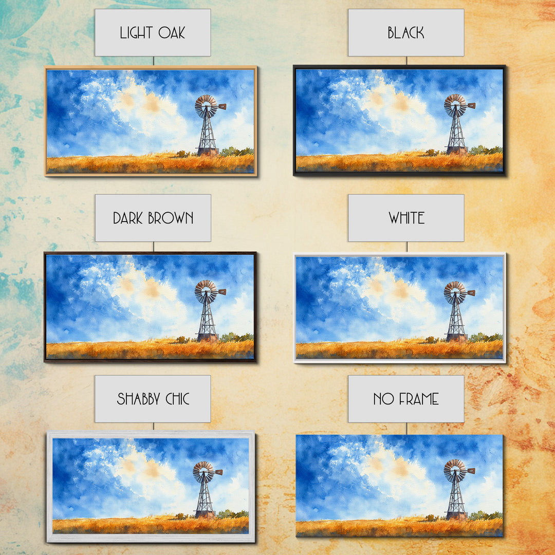 Bright Blue Sky Windmill Framed Canvas Print Rustic Farmhouse Art Horizontal Artwork Ideal Above Sofa Unique Living Room Wall Decor