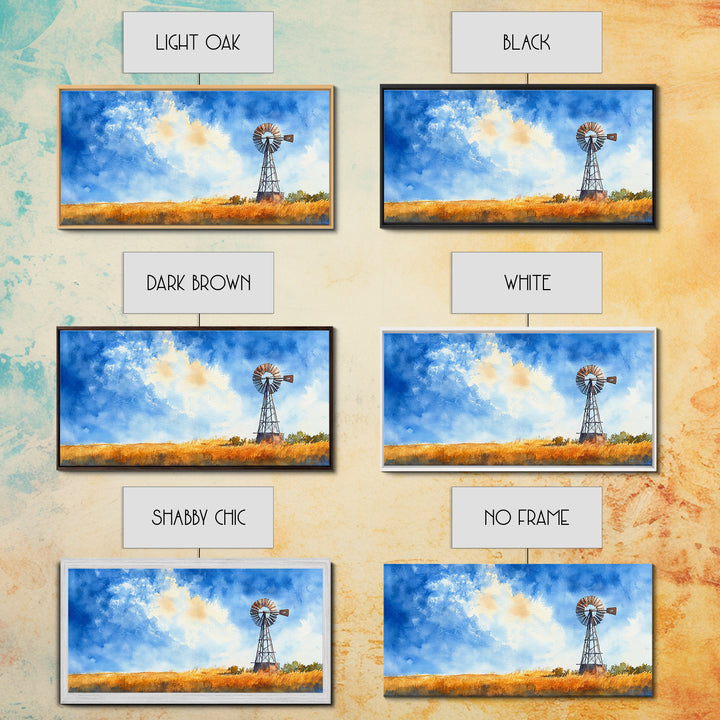 Bright Blue Sky Windmill Framed Canvas Print Rustic Farmhouse Art Horizontal Artwork Ideal Above Sofa Unique Living Room Wall Decor