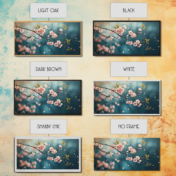 Blossoming Cherry Branch Framed Canvas Print Japanese Style Rustic Decor Great Gift Idea Botanical Prints Beautiful Bedroom Wall Art