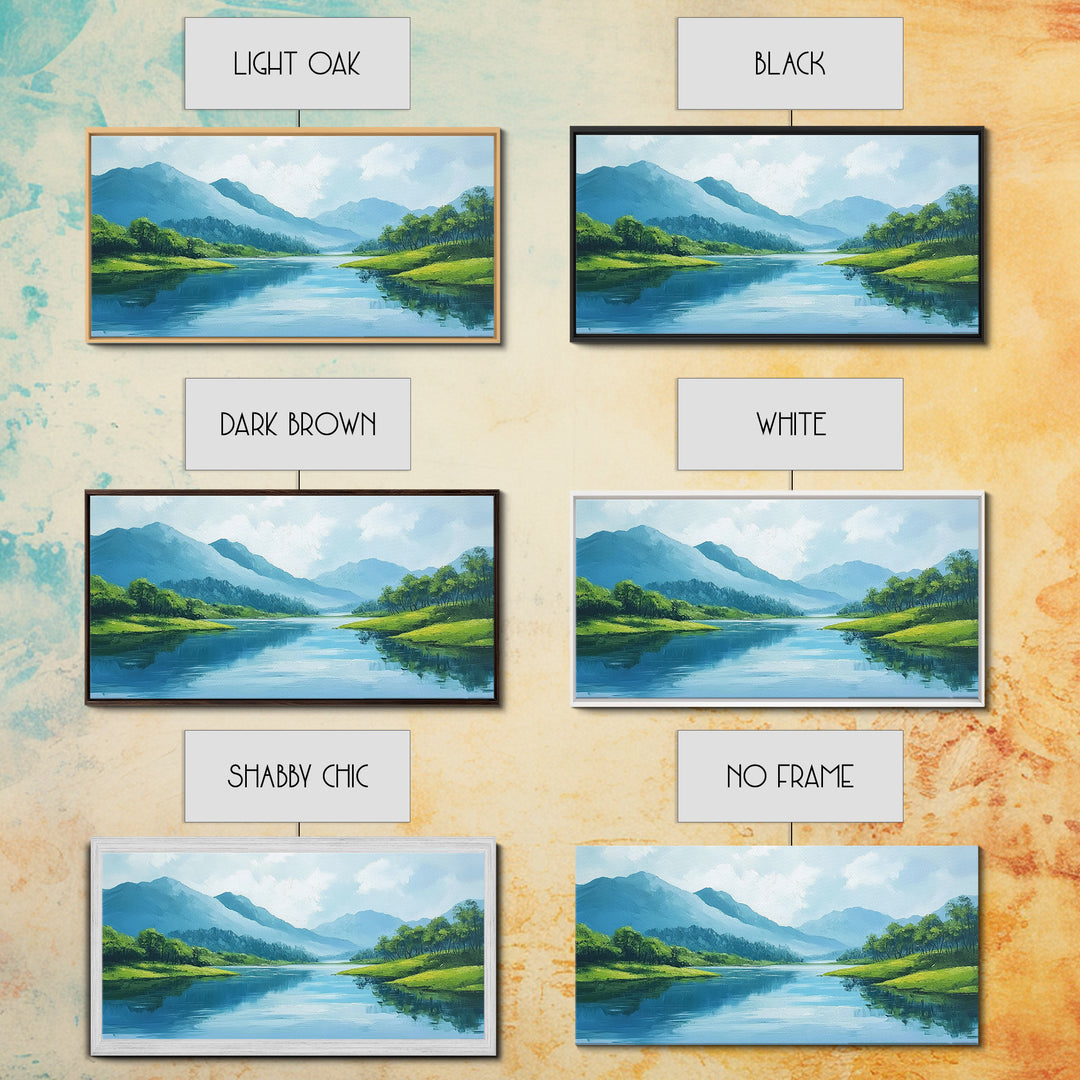 Blue Landscape Framed Canvas Print, Smoky Mountain Art Above Sofa Decor, Coastal Painting Gift Idea Living Room Horizontal Wall Art