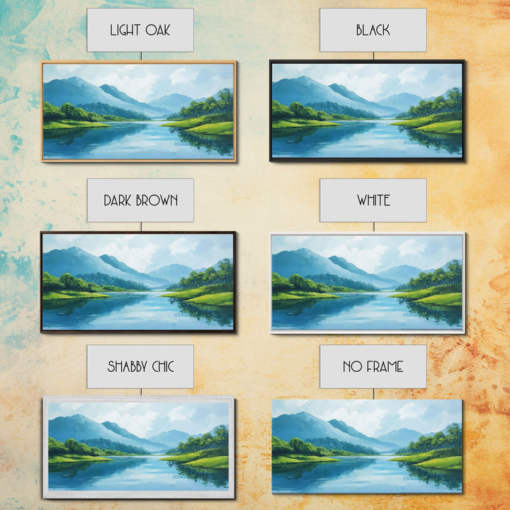 Blue Landscape Framed Canvas Print, Smoky Mountain Art Above Sofa Decor, Coastal Painting Gift Idea Living Room Horizontal Wall Art