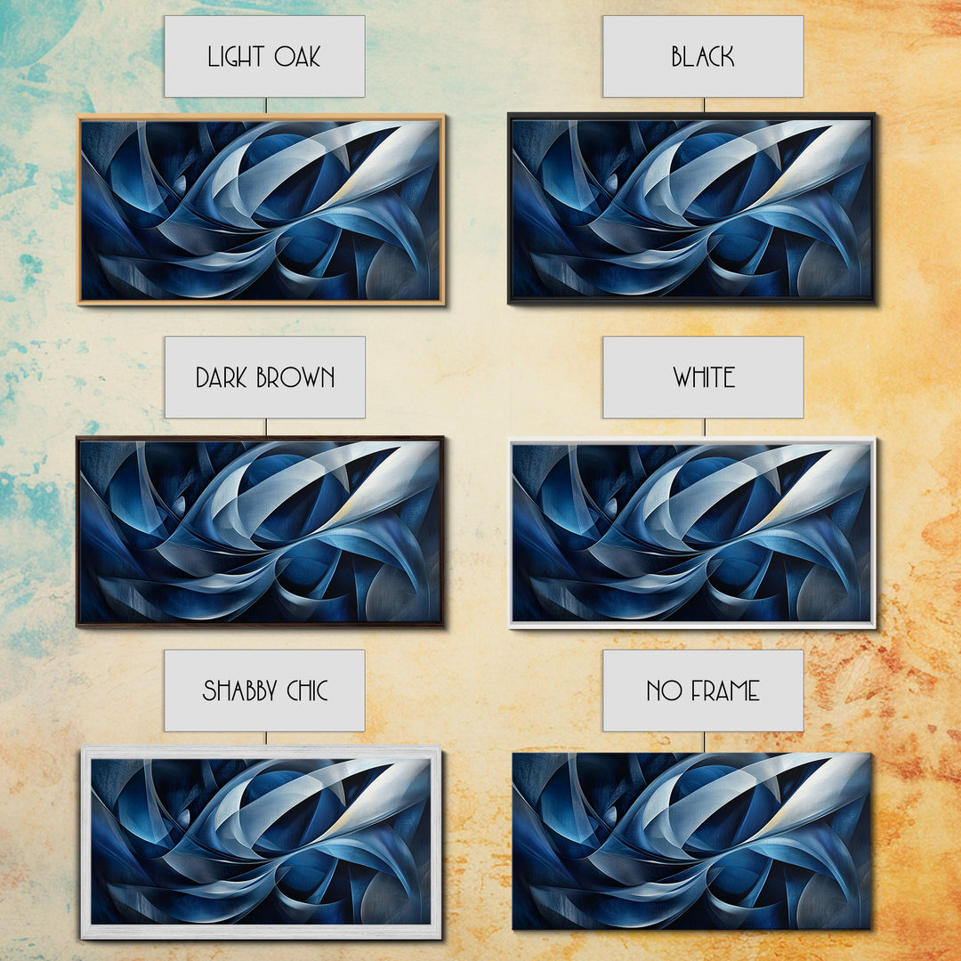 Abstract Blue Swirls Canvas Print, Geometric Wall Art Horizontal Decor, Moody Modern Artwork Gift Idea Living Room Panoramic Art