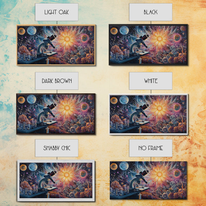 Zen Science Art Framed Canvas Print, Molecular Cosmos Microscope Painting, Moody Therapy Wall Decor, Above Sofa Living Room Art