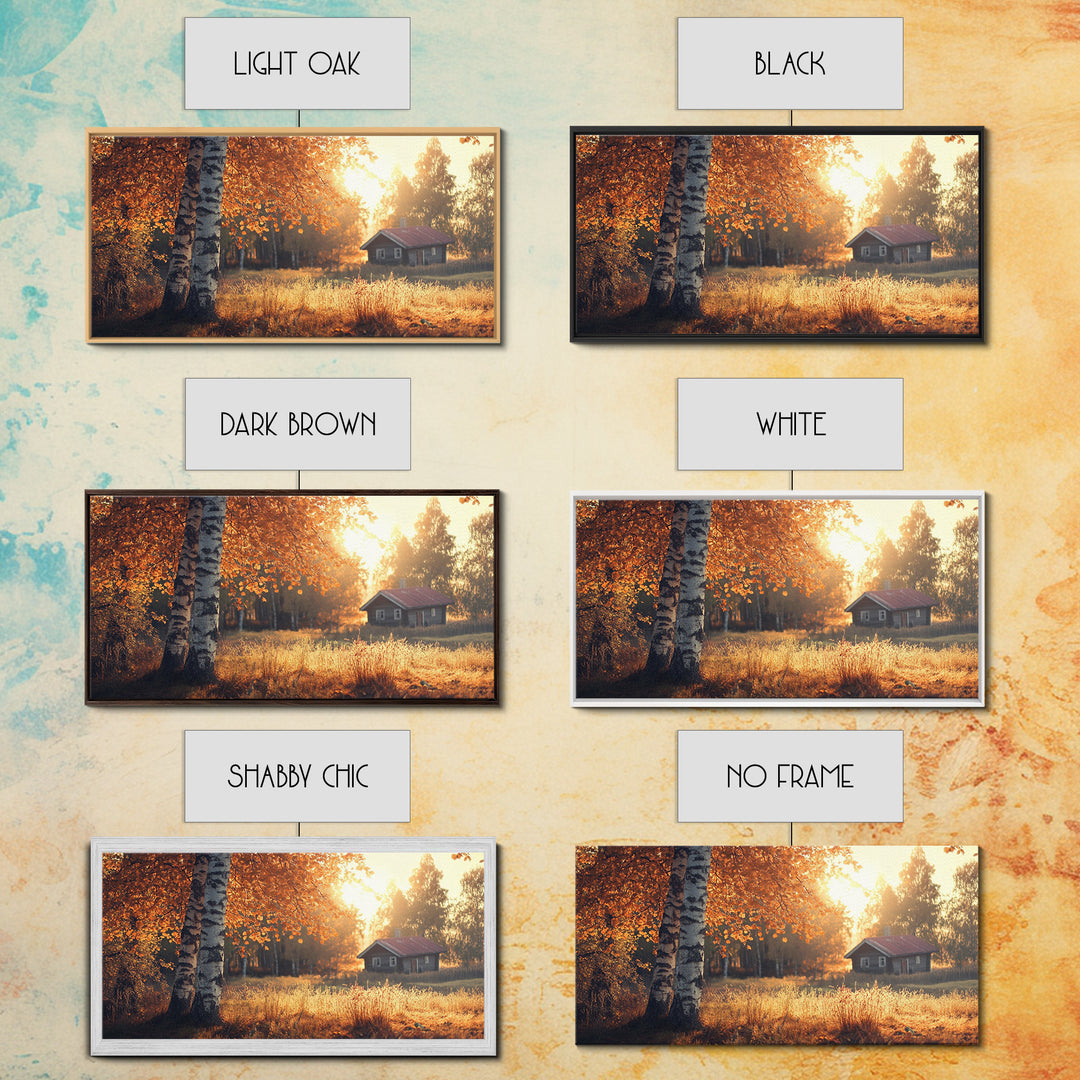 Cozy Autumn Cabin Framed Canvas Print with Fall Landscape Painting and Farmhouse Art Above Couch Art Living Room Rustic Decor