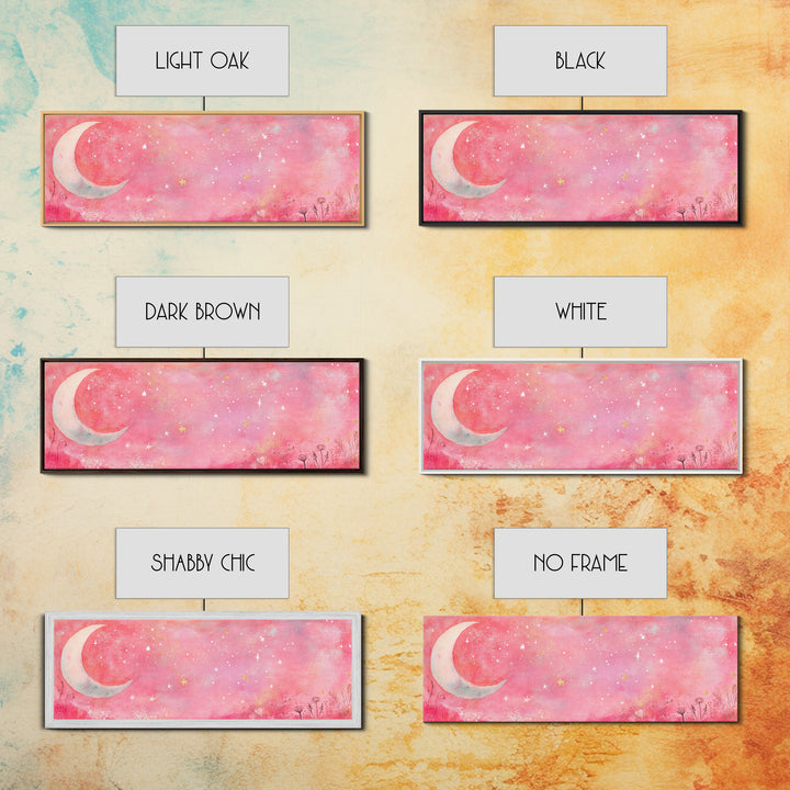 Crescent Moon Painting Canvas Print with Whimsical Starry Sky, Pink Wall Art for Living Room or Guest Room, Dreamy Decor