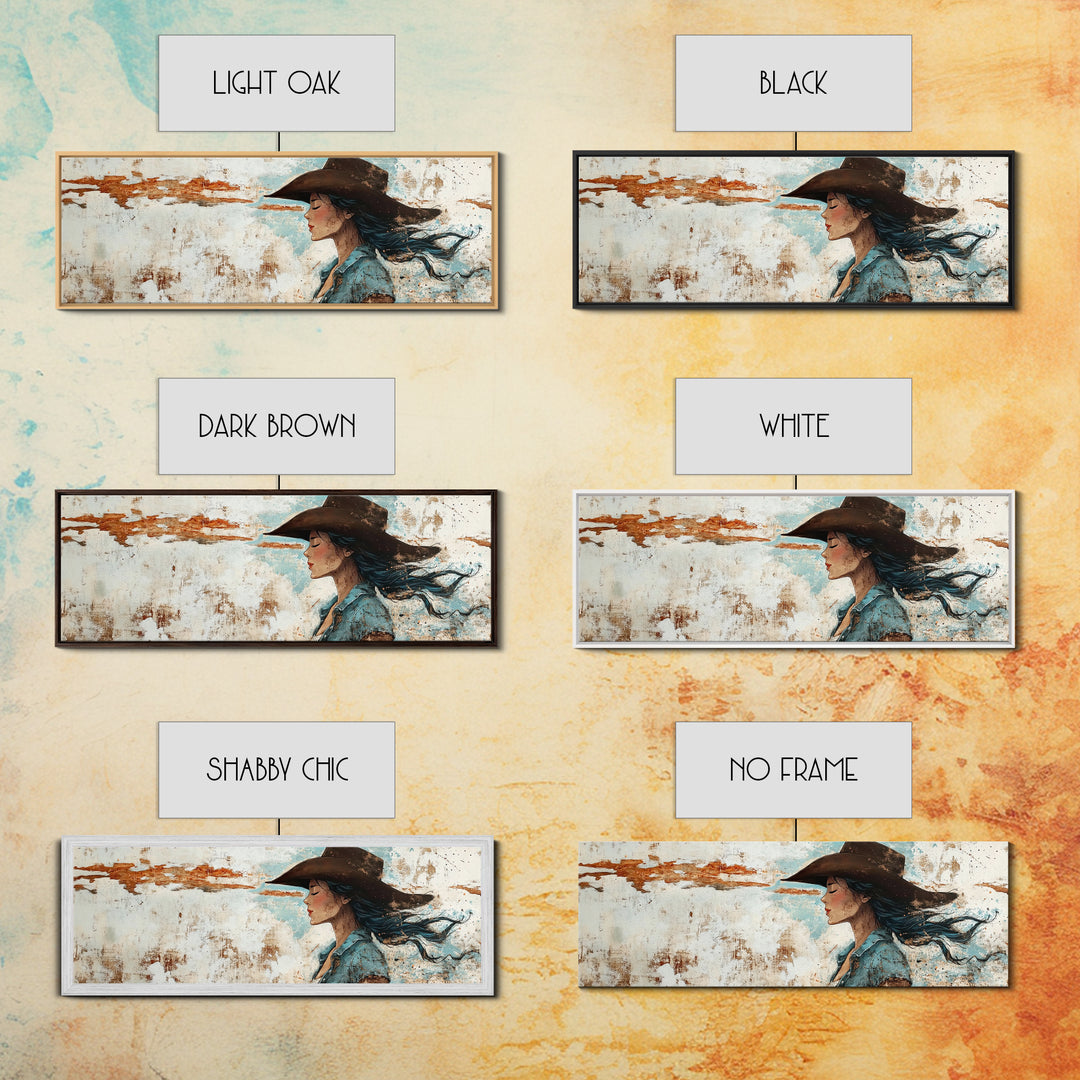 Blue Cowgirl Canvas Print Rustic Western Painting Farmhouse Art Wabi Sabi Artwork Guest Room Decor Extra Wide Wall Art