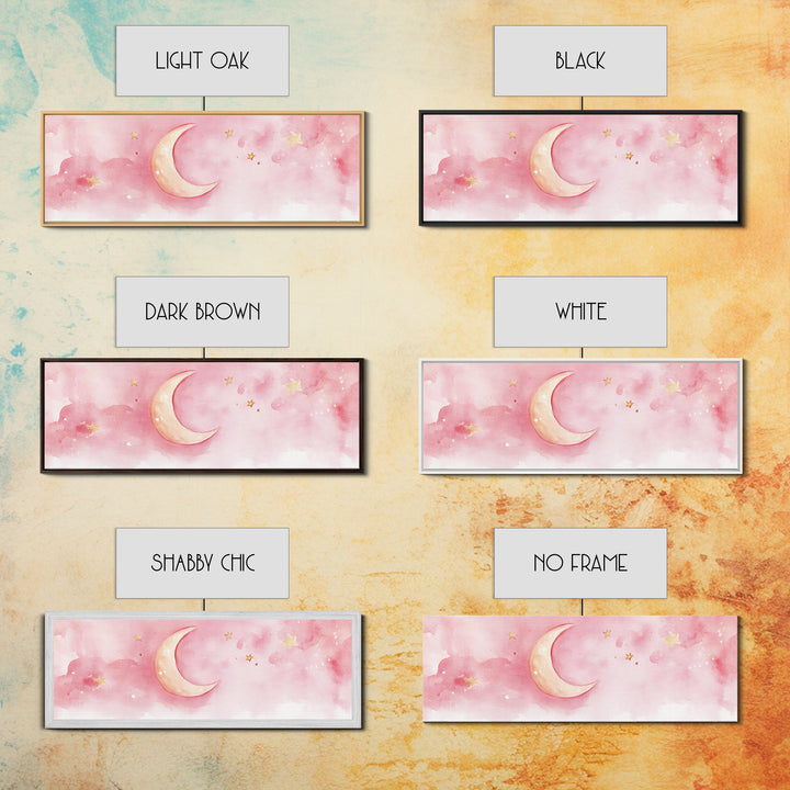 Crescent Moon with Stars Painting, Canvas Print, Light Pink Whimsical Wall Art, Nursery Aesthetic Artwork, Minimalist Cozy Decor