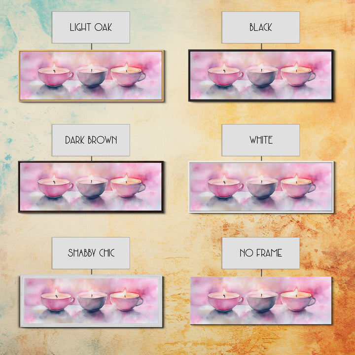 Candlelight Framed Canvas Print, Cozy Pastel Teacup Candles Art, Light Pink Wall Decor, Bedroom or Dining Room Whimsical Artwork