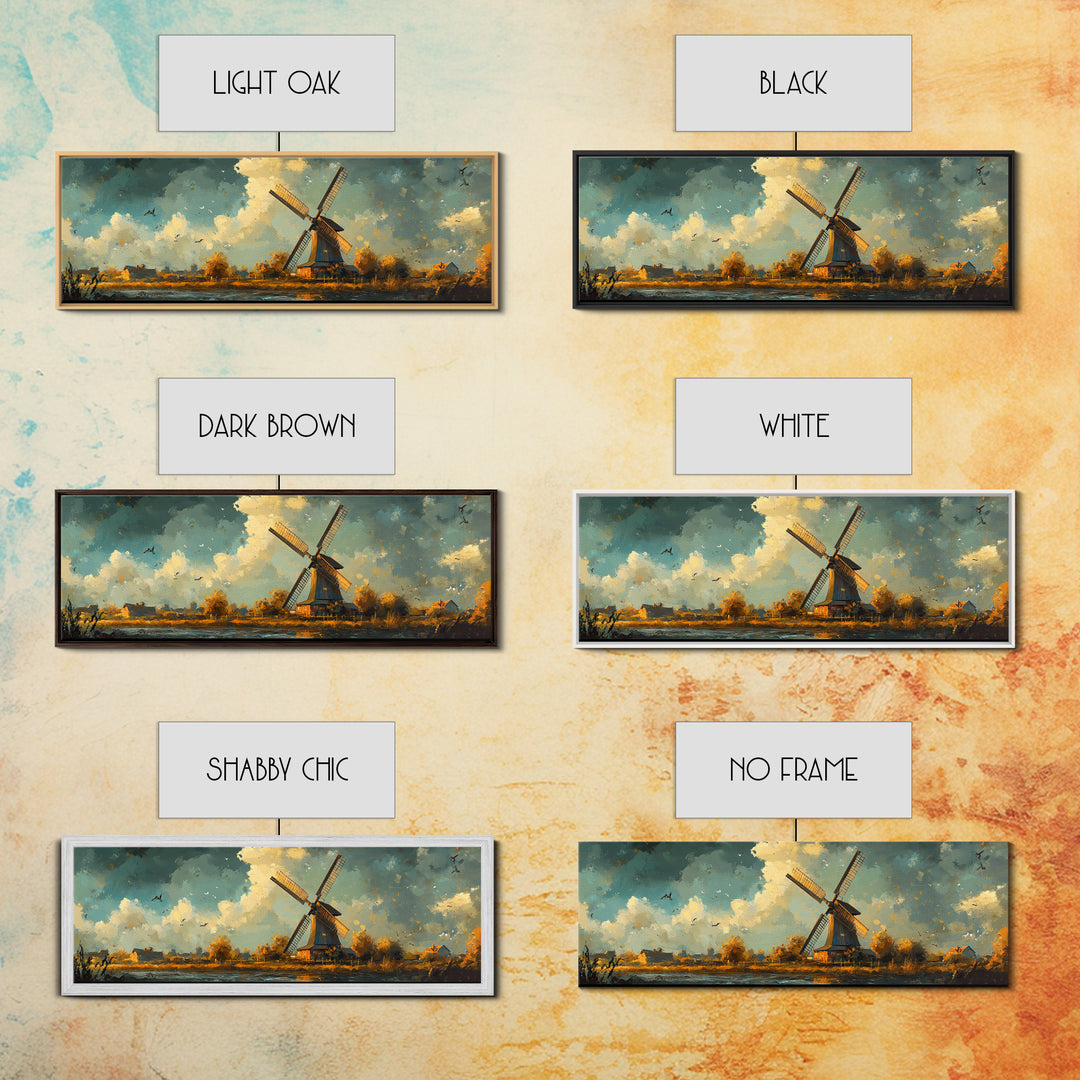 Autumn Windmill Scene Framed Canvas Print - Rustic Fall Farmhouse Art, Moody Living Room Wall Art, Horizontal Panoramic Decor Gift Idea